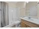 Bathroom features a vanity with a sink, a toilet, and a shower with a white shower curtain at 5882 Longwood Dr. # 201, Murrells Inlet, SC 29576