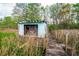 Rustic waterfront cabin surrounded by overgrown grasses, featuring a weathered exterior and wooden walkway access at 70 Izard Pl., Georgetown, SC 29440