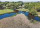 This aerial shot highlights a large, private pond with a dock and surrounding greenery at 391 Waterford Dr., Georgetown, SC 29440