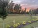 Tranquil backyard featuring a serene pond, lush greenery, and picturesque sunset at 476 Honeyhill Loop, Conway, SC 29526