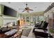 The inviting Gathering room offers ample seating, a fireplace, and beautiful views of the backyard at 111 Cedar Ridge Ln., Conway, SC 29526