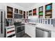 Well-stocked kitchen with stainless steel appliances, white cabinets, and blue striped backsplash for a nautical theme at 1919 Spring St. # 36A, North Myrtle Beach, SC 29582