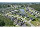 Aerial view of a residential community featuring homes surrounding a scenic lake at 230 Palmetto Green Dr., Longs, SC 29568