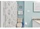 Cozy bathroom features floral shower curtain and updated fixtures at 4006 Fairway Lakes Dr. # 4006, Myrtle Beach, SC 29577