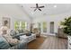 Bright living room with vaulted ceilings, ceiling fan, and access to outdoor patio through French doors at 948 Jackline Place # 201, Murrells Inlet, SC 29576