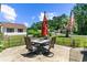 Cozy backyard patio seating area with an umbrella, surrounded by a manicured lawn and an American flag at 1516 Saint George Ln., Myrtle Beach, SC 29588