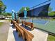 Well-maintained tennis court with benches and umbrellas for players at 2488 Oriole Dr., Murrells Inlet, SC 29576