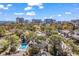 Scenic aerial view of condo complex with pool, lush trees and distant beach cityscape at 404 72Nd Ave. N # 206, Myrtle Beach, SC 29572