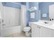 Bathroom with a shower/tub combo, white vanity, and bright blue walls at 5801 Oyster Catcher Dr. # 912, North Myrtle Beach, SC 29582