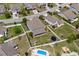 Aerial shot of a spacious backyard featuring a pool, trampoline, playground, and a covered patio at 3110 Bramble Glen Dr., Myrtle Beach, SC 29579