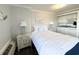 Well-lit bedroom featuring a comfortable queen bed and a kitchenette for modern living at 2001 S Ocean Blvd. S # 511, Myrtle Beach, SC 29577