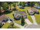 Aerial view of a landscaped home with a two-car garage, adjacent to a pond and well-manicured golf course at 414 Staghorn Ln., Longs, SC 29568