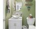 Charming powder room with stylish vanity, unique wall decor, and adjacent toilet at 5039 Gladstone Dr, Conway, SC 29526