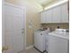 Functional laundry room with modern washer and dryer, and white cabinets for storage at 6486 Somersby Dr., Murrells Inlet, SC 29576