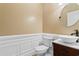 Stylish powder room with modern vessel sink, white wainscoting, and a decorative oval mirror at 8008 Mcsweeney Ct., Myrtle Beach, SC 29588