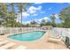 Community pool area with lounge chairs, blue skies, white picket fence and shade at 4430 Eastport Blvd. # L15, Little River, SC 29566
