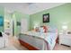 Light-filled bedroom with en suite bathroom, soft green walls, and coastal decor at 503 20Th Ave. N # 19-C, North Myrtle Beach, SC 29582