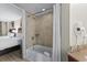 Bright bathroom featuring a shower-tub combo, towel rack, and vanity at 5200 N Ocean Blvd. # 632, Myrtle Beach, SC 29577