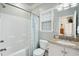 Well-lit bathroom with a shower and tub combination and granite countertops at 6001-1783 S Kings Hwy., Myrtle Beach, SC 29575