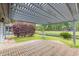 Serene backyard patio with a pergola, beautiful landscaping, and a tranquil pond view, perfect for outdoor relaxation at 112 Boxwood Ln., Conway, SC 29526