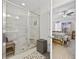 This bathroom boasts a glass shower with white tiling, bench, and a doorway leading into the main bedroom at 136 Queens Cove Place # B, Myrtle Beach, SC 29579