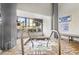 Indoor hot tub with brick surround and a sign stating 