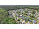 Wide aerial shot of a peaceful neighborhood featuring houses around a long, narrow lake with a fountain at 121 Ashworth Dr., Little River, SC 29566