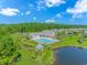 Aerial image showcasing a community pool, clubhouse, and surrounding landscape with lush greenery and a tranquil pond at 178 Kessinger Dr., Surfside Beach, SC 29575