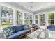 Bright sunroom with comfortable blue seating and views of the landscaped yard at 600 Waterbridge Blvd., Myrtle Beach, SC 29579
