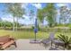 Fenced-in backyard featuring green grass, patio, trees, and blue umbrella at 349 N Bar Ct., Myrtle Beach, SC 29579