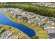 Aerial view of homes along a pond showcasing the property's neighborhood and waterfront access at 143 Starlit Way, Myrtle Beach, SC 29579