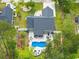 Aerial view of a charming home featuring a private backyard oasis with a pool and patio at 1610 Old Tram Rd., Little River, SC 29566