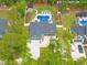 Aerial view of a well-maintained home with a large backyard and a sparkling pool at 1610 Old Tram Rd., Little River, SC 29566