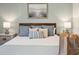 Relaxing bedroom with a wooden bed frame, soft blue accents, and bedside lamps at 2112 Victory Way # 560, Myrtle Beach, SC 29579