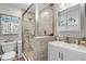 Stylish bathroom features an updated vanity and a glass shower with decorative tile accents at 5601 N Ocean Blvd. # E-304, Myrtle Beach, SC 29577