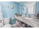 Bathroom features an undermount sink, granite countertops, light blue walls and convenient towel storage below at 7200 N Ocean Blvd. # 431, Myrtle Beach, SC 29572