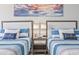 Bedroom featuring two cozy beds with striped bedding and a stylish nightstand between them at 7200 N Ocean Blvd. # 431, Myrtle Beach, SC 29572
