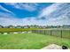 Lush backyard with a pond, well-maintained lawn, and a view of neighboring homes at 777 Woodland Farms Circle, Aynor, SC 29511