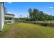 Expansive backyard featuring lush green grass, a black metal fence, and a covered patio area at 109 River Vista Way, Myrtle Beach, SC 29588