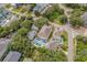 Aerial view highlights a home nestled among trees, featuring a private pool in the backyard at 118A 6Th Ave. N, Surfside Beach, SC 29575