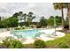 Relaxing community pool area with lounge chairs, lush landscaping, and palm trees, perfect for leisure at 1308 Riverport Dr., Conway, SC 29526