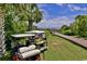 Golf carts in a community setting, with a boardwalk leading to the beach and blue skies at 404 75Th Ave N # G, Myrtle Beach, SC 29572