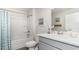 Bathroom featuring a shower/tub combo, vanity with a modern sink, and tasteful decorations at 177 Ashworth Dr., Tabor City, NC 28463
