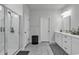 Bathroom featuring a glass-enclosed shower and double sink vanity at 305 Calhoun Falls Dr., Myrtle Beach, SC 29579