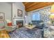 Beautiful living room featuring a fireplace, vaulted wood ceilings, and stylish furnishings at 307 Golden Bear Dr. # 3, Pawleys Island, SC 29585