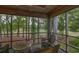 This screened-in porch features wicker chairs and a table overlooking a lush, green golf course and many tall trees at 307 Golden Bear Dr. # 3, Pawleys Island, SC 29585