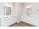 Modern bathroom featuring double sinks, white cabinets, and stylish light fixtures creating a bright and functional space at 873 Ireland Dr., Longs, SC 29568