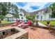 Relaxing backyard oasis with a pool, outdoor furniture, and beautiful landscaping at 12 Gloucester Pl., Pawleys Island, SC 29585