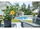 Relaxing pool area with lounge chairs and a beautiful hibiscus plant in the foreground at 12 Gloucester Pl., Pawleys Island, SC 29585