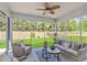 Relaxing screened porch featuring ceiling fan, comfortable seating, and a view of the backyard at 1546 Villena Dr., Myrtle Beach, SC 29579